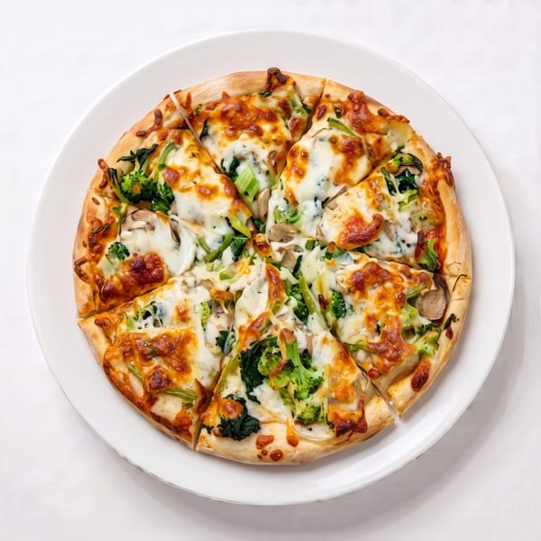 A sliced pizza with melted cheese, broccoli, spinach, and mushrooms on a white plate.