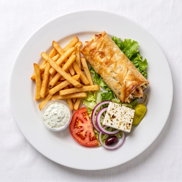 A golden-brown wrap, french fries, a side salad with feta, and a cup of dipping sauce on a white plate.