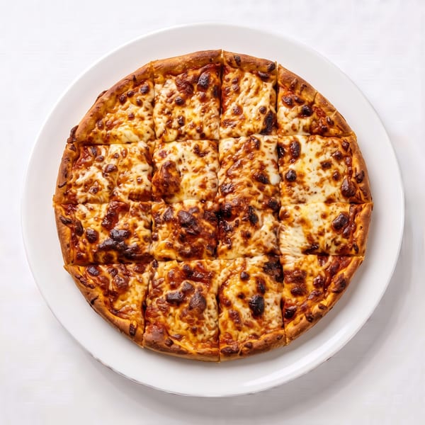 A square-cut cheese pizza with a golden-brown crust and bubbly, melted cheese on a white plate.