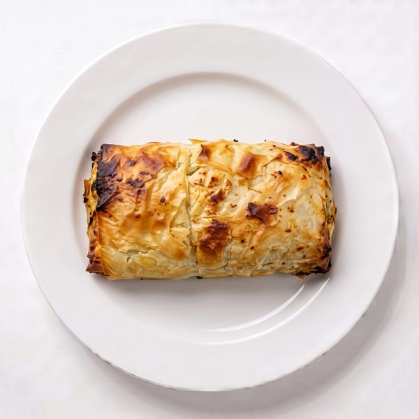 A golden-brown baked pastry, possibly a strudel or spanakopita, rests on a white plate.