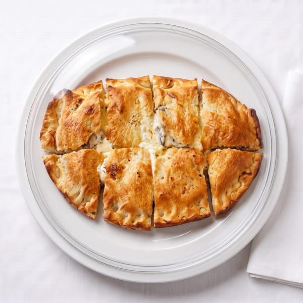Golden-brown calzone, sliced into squares, filled with melted cheese and meat, on a white plate.