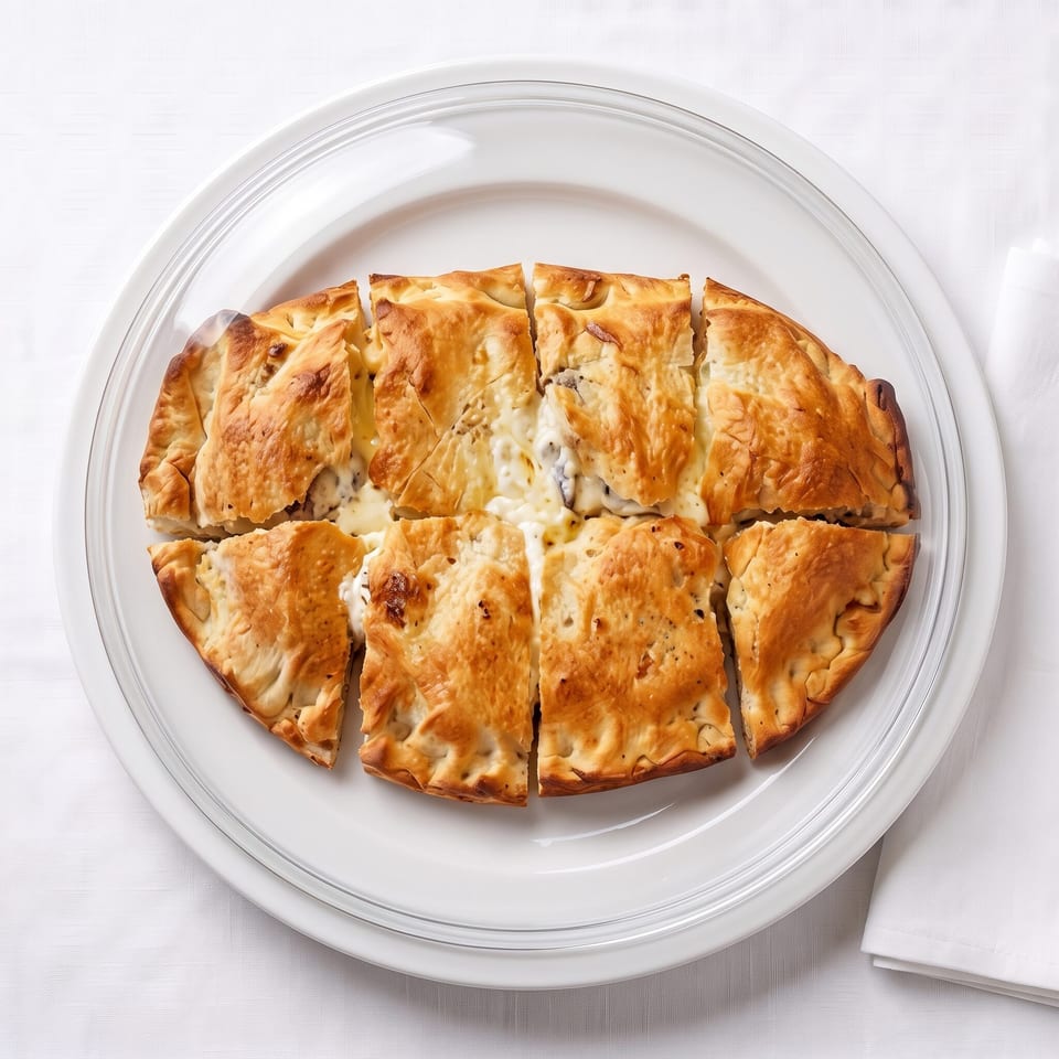 Golden-brown calzone, sliced into squares, filled with melted cheese and meat, on a white plate.